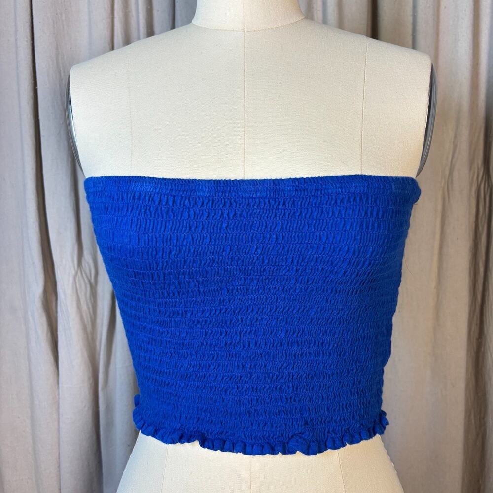 Royal Blue Smocked Tube Top Strapless Crop Cotton Large Summer